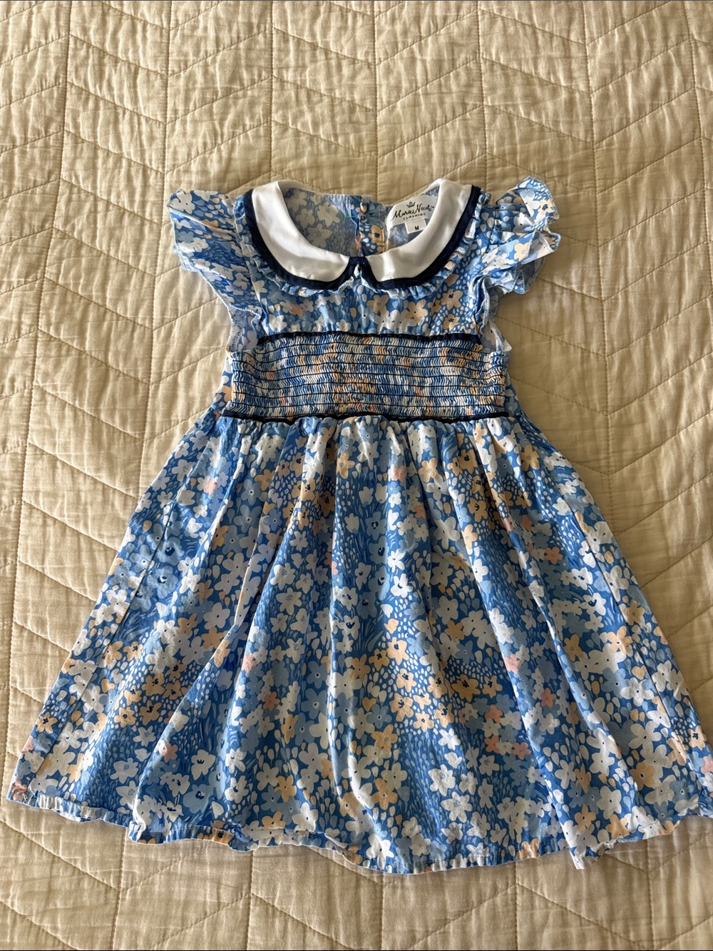 Marie Nicole Blue Floral Smocked Dress with Peter Pan Collar